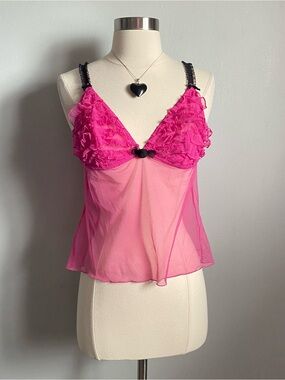 Vtg 2000s Victorias Secret X Chantal Thomass Rare Coquette Pink Mesh Tank Top